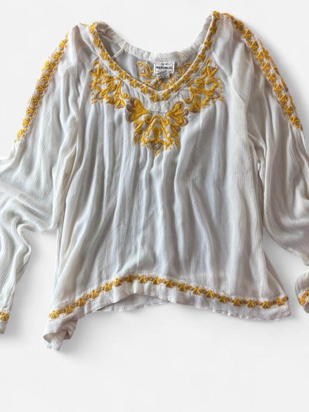 For The Republic White Blouse with Yellow Embroidered Accents